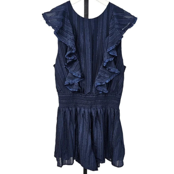 Revolve Finders Keepers Soraya Ruffle  Fringe Trim Romper Blue Tie Back Size 8 - Picture 1 of 11
